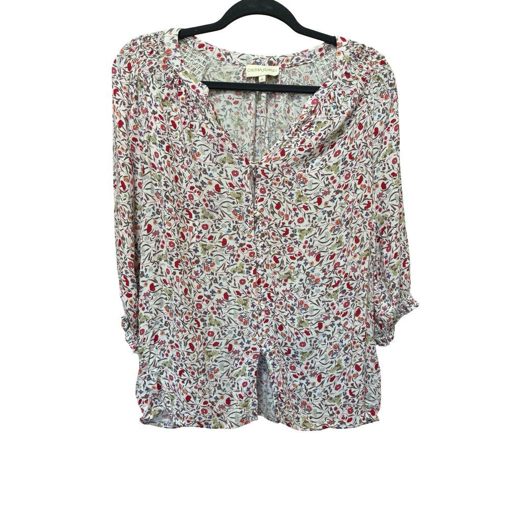 Cynthia Rowley Floral V Neck Blouse 3/4 Sleeve Work Top Size M